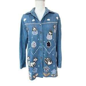 Connie Lusia Embroidered Denim Shirt Puppy Dog‎ Applique Art to Wear Medium VTG